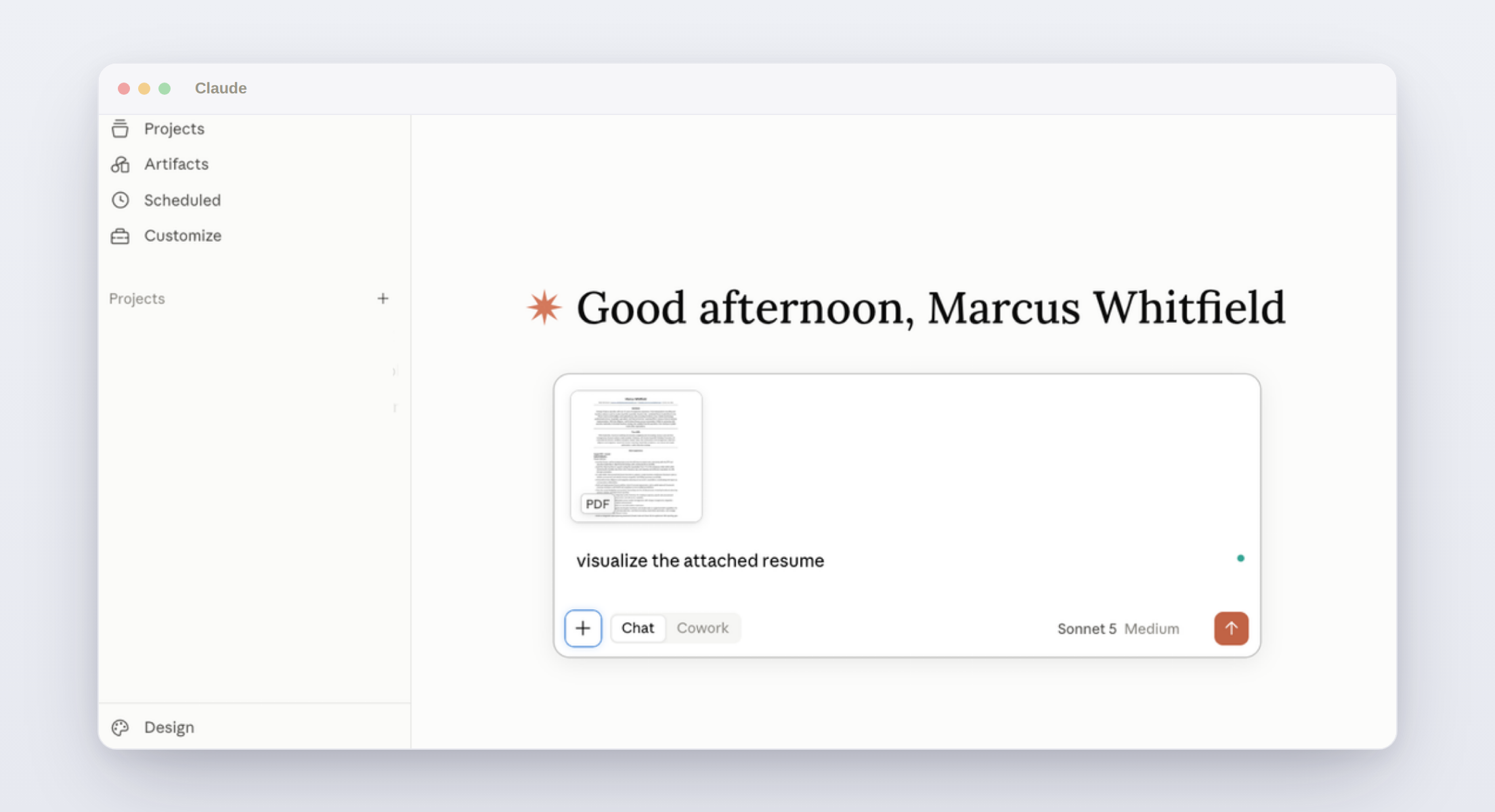 The Claude app with the resume PDF attached and a prompt asking Claude to visualize the attached resume